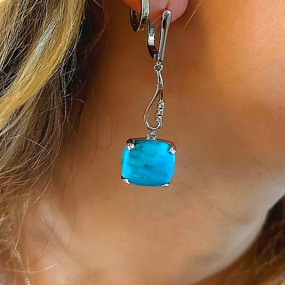 Natural Arizona Turquoise 16mm & Cz 925 Sterling Silver Earrings - Picture 9 of 9